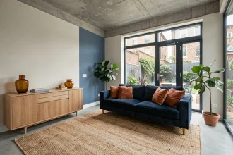 Salon moderne avec canapé bleu marine et accents terracotta illustrant un schéma de couleurs complémentaires au bleu