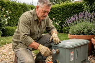 Homme sécurisant un boîtier de contrôle d'arrosage automatique avec un cadenas dans un jardin verdoyant