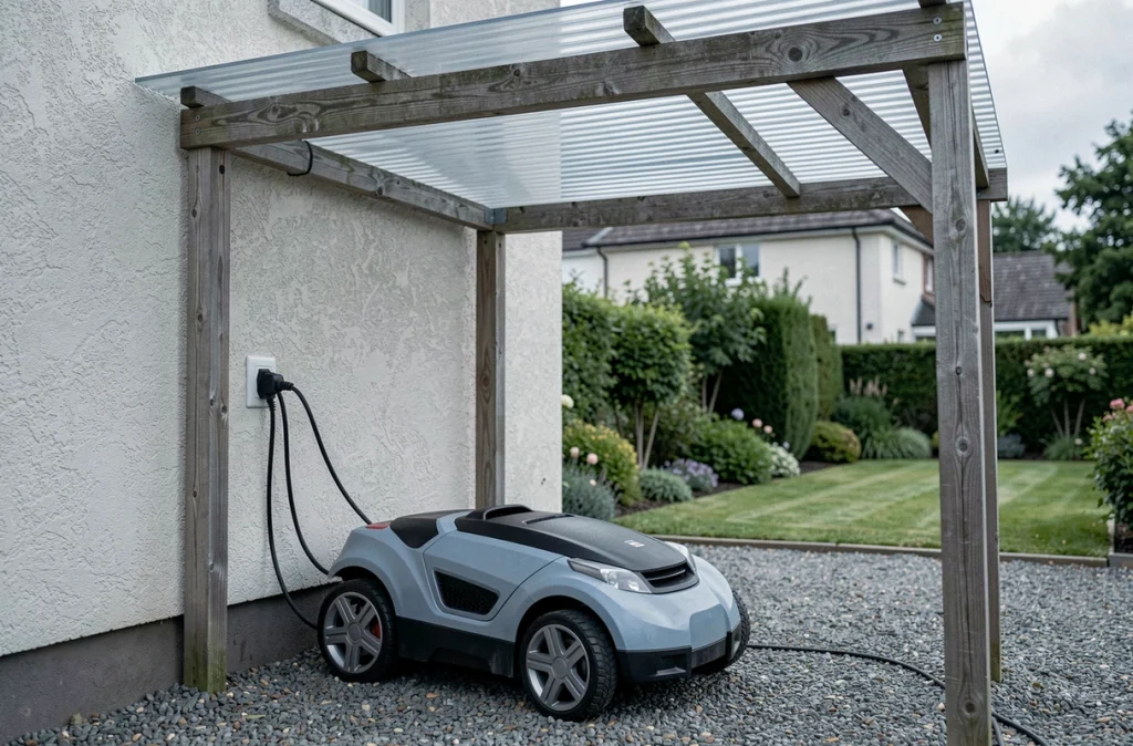 Robot tondeuse en charge sous un abri de jardin avec prise étanche et câble sécurisé