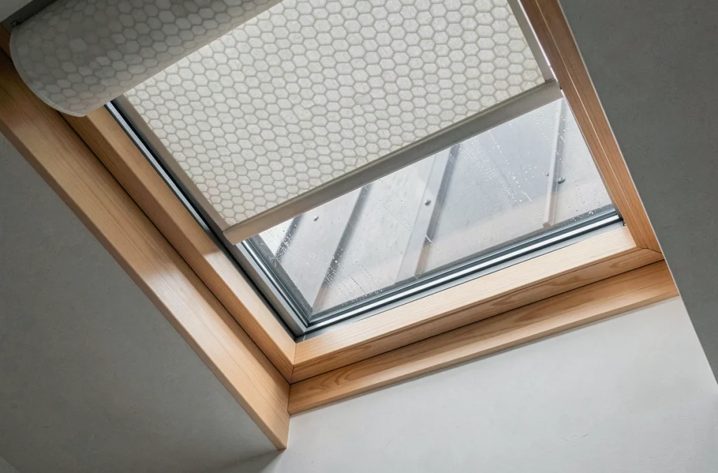 Store isolant thermique à nid d'abeille sur fenêtre de toit Velux, détail texture tissu et condensation sur le vitrage