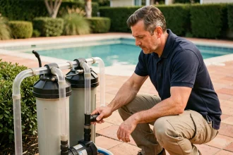 Technicien piscine inspectant un filtre à sable et une pompe de filtration dans un jardin résidentiel