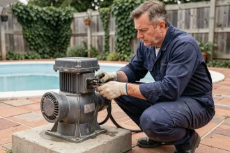 Technicien inspectant les connexions électriques d'une pompe de piscine extérieure pour éviter les erreurs de branchement
