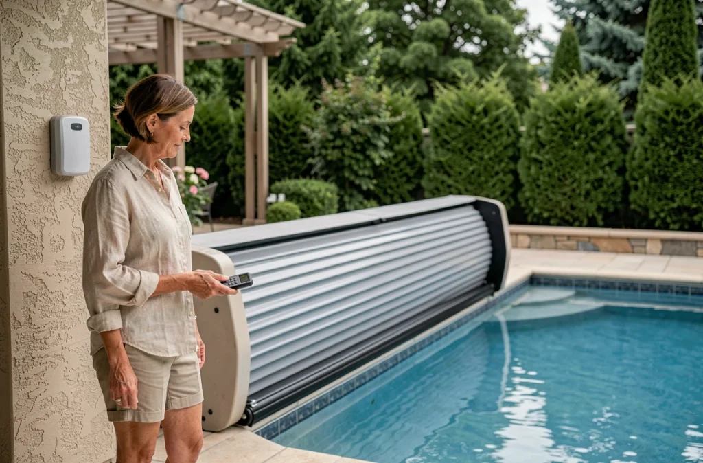Femme actionnant la télécommande murale d'un volet roulant électrique pour sécuriser sa piscine
