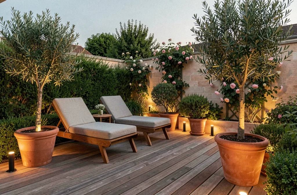 Terrasse de jardin résidentielle équipée d'éclairages extérieurs LED au crépuscule