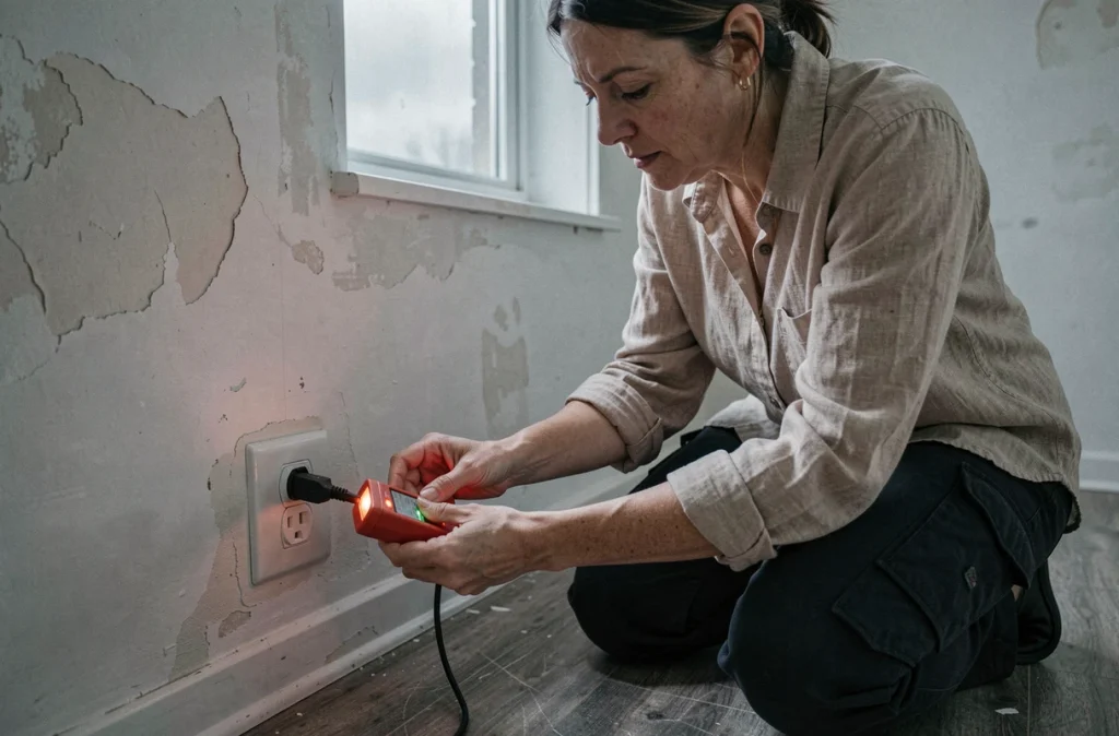Femme testant une prise électrique défectueuse dans une chambre vide avec un testeur de prise