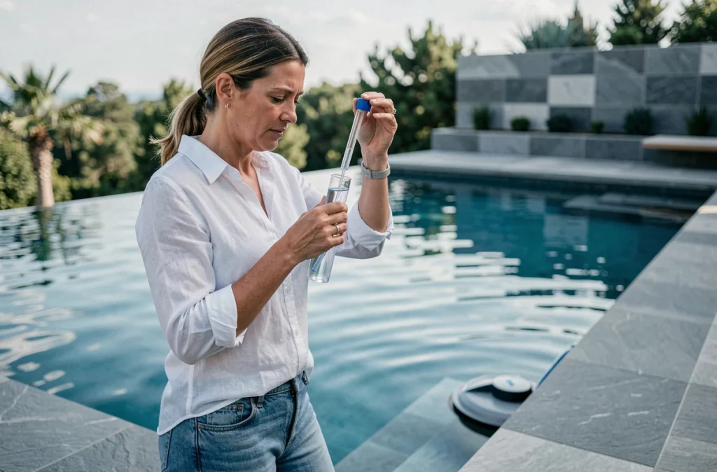 Femme testant la qualité de l'eau d'une piscine à débordement avec un kit d'analyse chimique