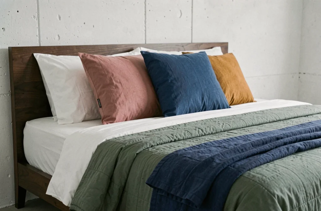 Chambre minimaliste avec literie en coton blanc superposée de couvre-lit vert sauge et coussins colorés en rose, bleu cobalt et ocre sur fond de mur en béton blanc
