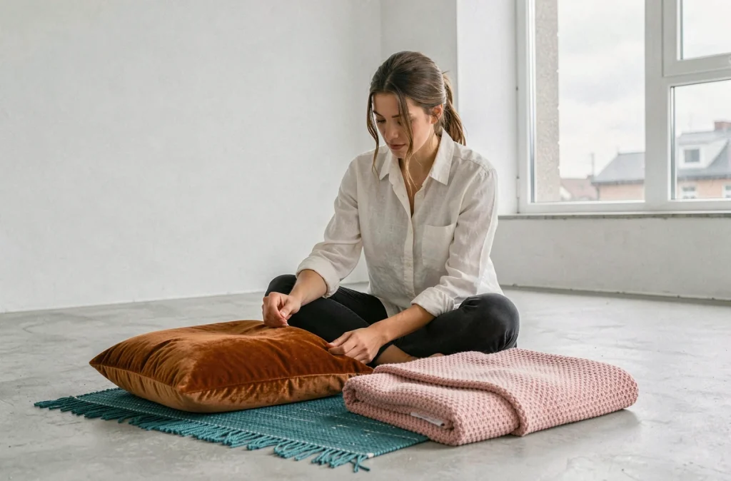 Jeune femme arrangeant des textiles colorés sur un sol en béton dans un appartement minimaliste blanc, avec coussin velours rouille, tapis teal et plaid rose