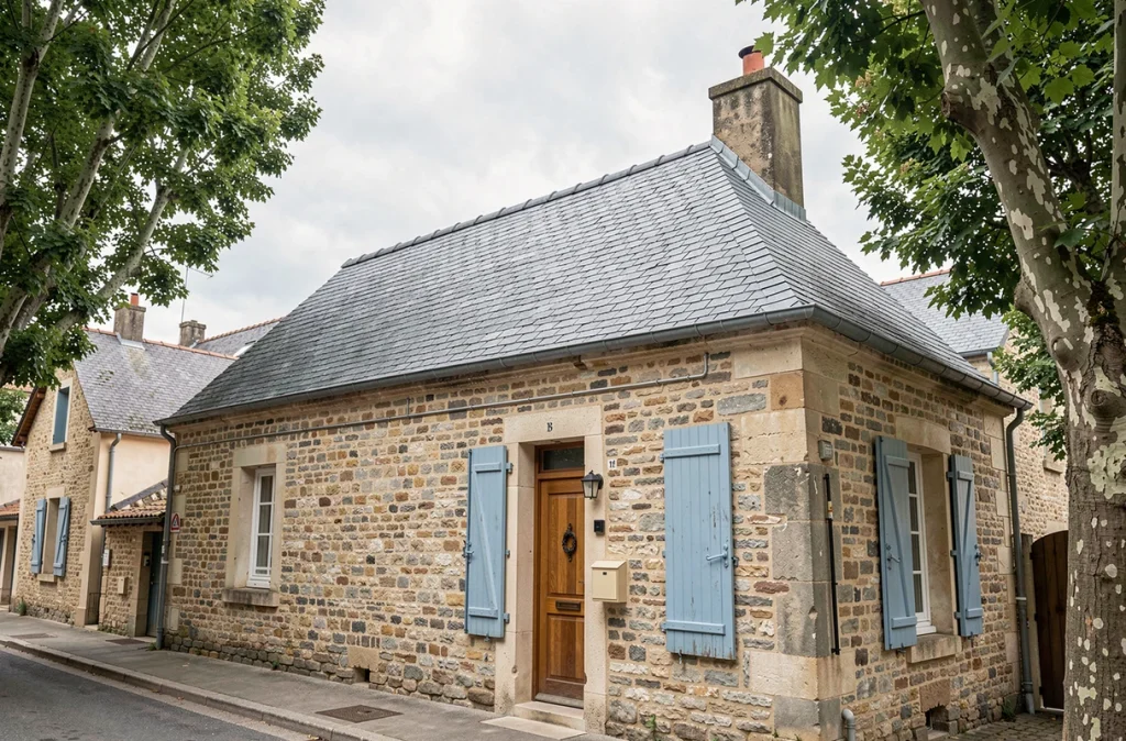 Toiture neuve en ardoise sur maison en pierre française après réfection complète