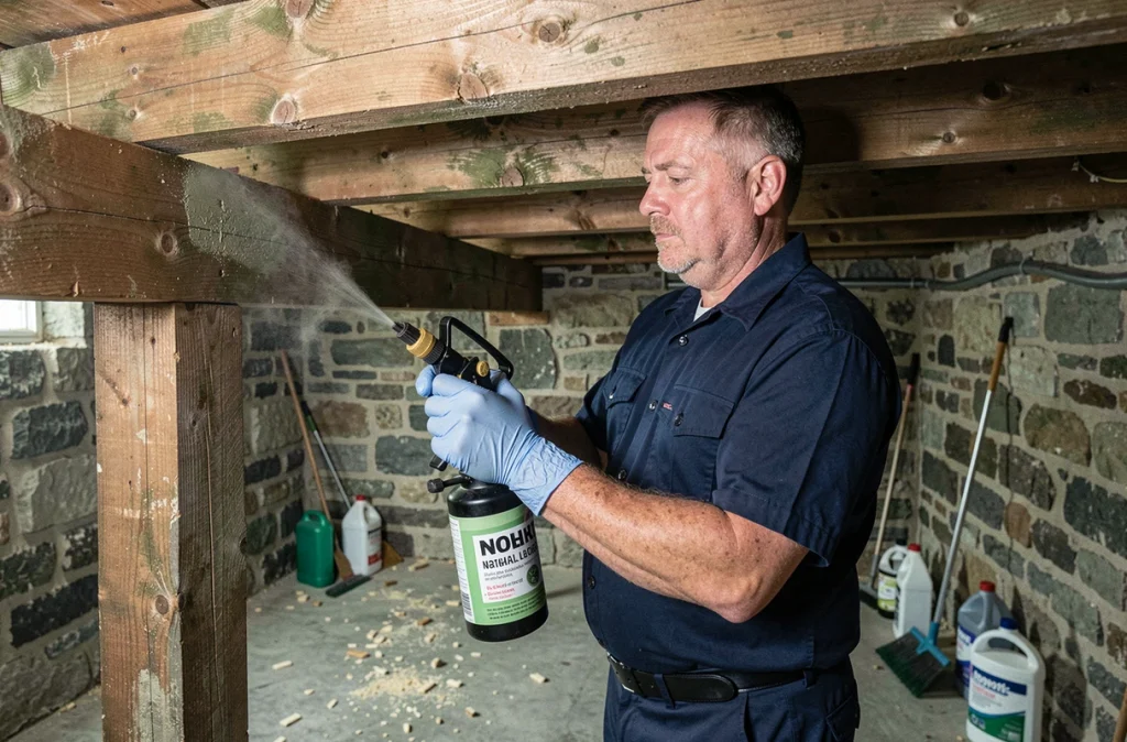 Technicien en traitement du bois appliquant un produit naturel anti-capricorne sur une poutre en sous-sol