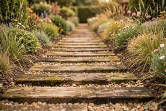 Traverses de chemin de fer anciennes utilisées comme bordures de chemin dans un jardin paysager avec gravier et plantes ornementales