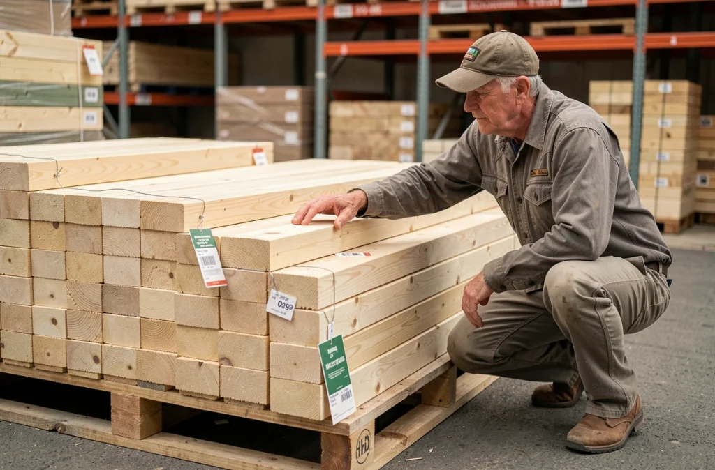 Traverses paysagères neuves en pin empilées sur palette dans un magasin de bricolage, homme inspectant la qualité du bois