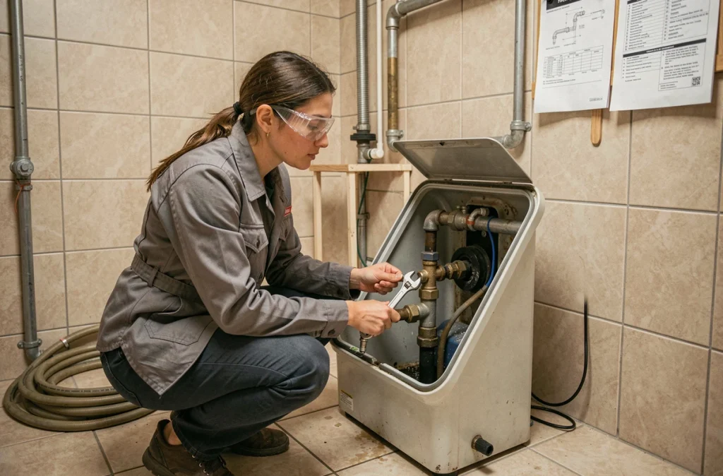 Technicienne vérifiant les connexions internes d'une fontaine à eau électrique dans une salle technique