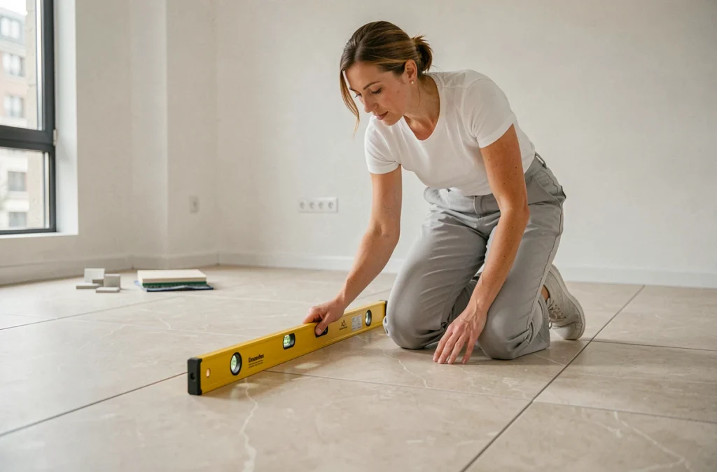Femme vérifiant la planéité d'un carrelage en grès cérame dans un salon rénové à l'aide d'un niveau à bulle