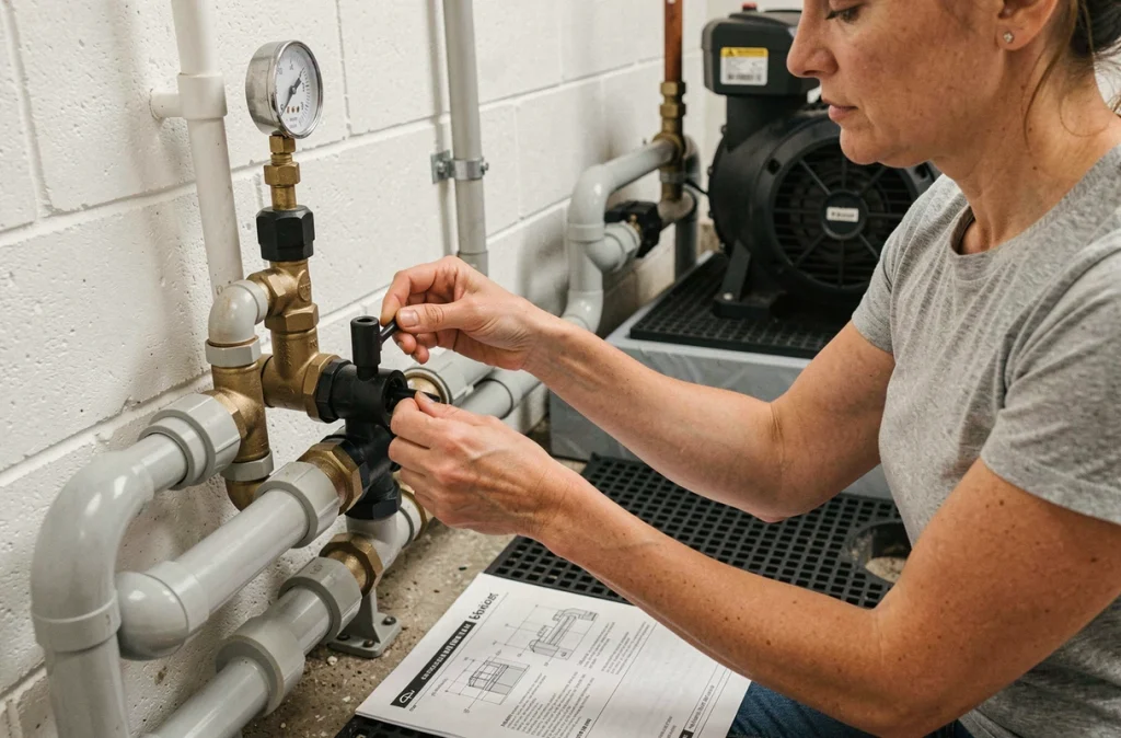 Femme vérifiant les raccords hydrauliques d'une pompe de piscine dans un local technique pour éviter les erreurs courantes