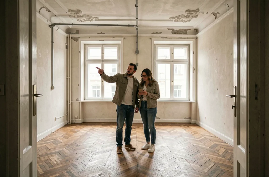 Couple visitant un appartement ancien et examinant les installations électriques apparentes au plafond