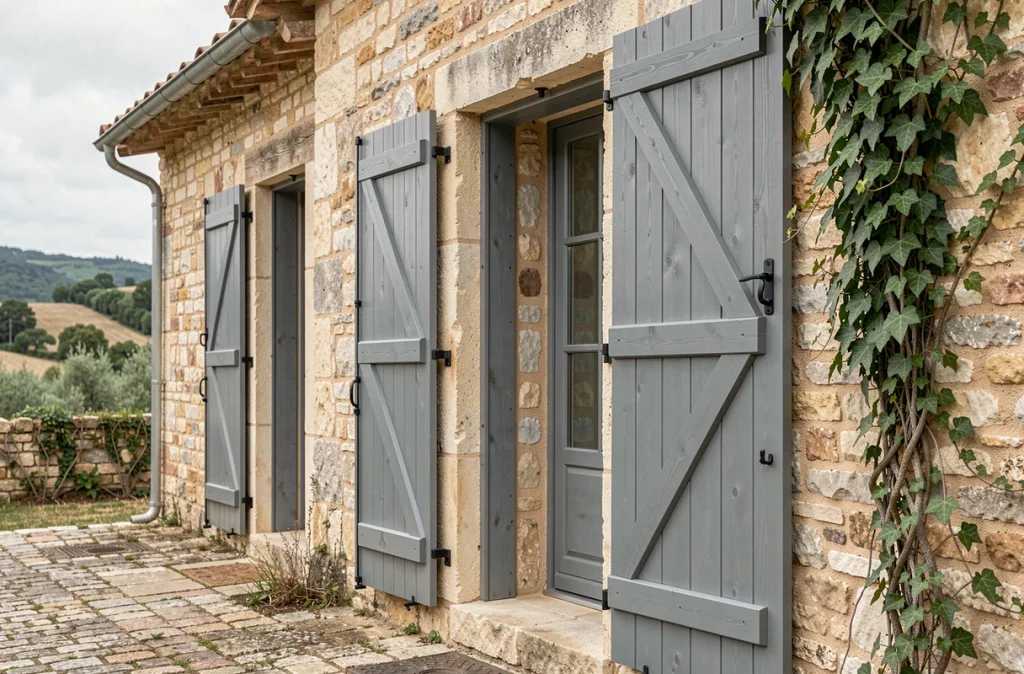 Volets en bois de mélèze installés sur une facade en pierre de maison de campagne française traditionnelle