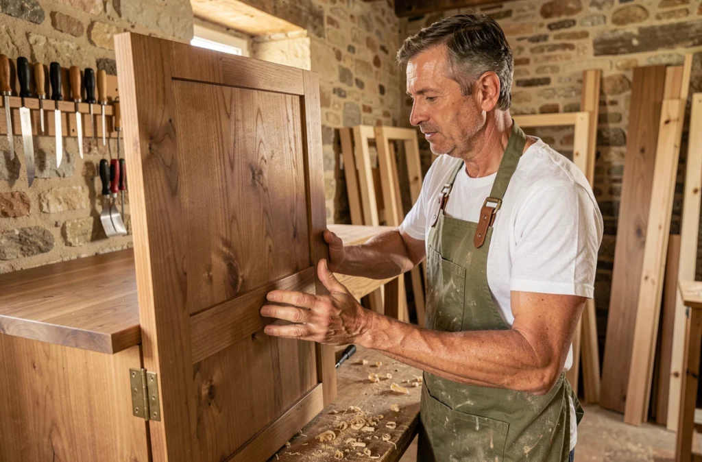 Artisan cuisiniste d'A2CREAL ajustant une porte de meuble en noyer dans son atelier à Pouzols-Minervois