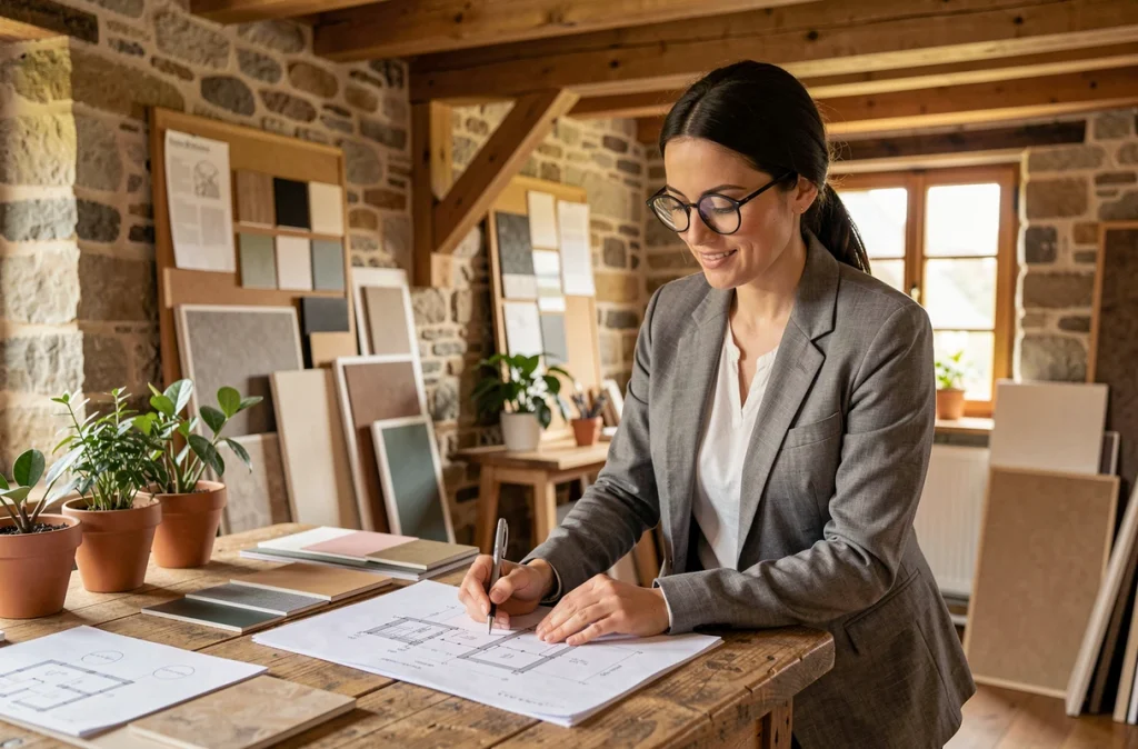 Architecte de l'Atelier des Projets étudiant des plans de rénovation intérieure dans un studio en pierre bretonne