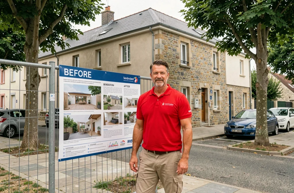 Entrepreneur de Bâti Armor Rénovation devant un panneau de chantier et une façade rénovée dans une ville des Côtes-d'Armor