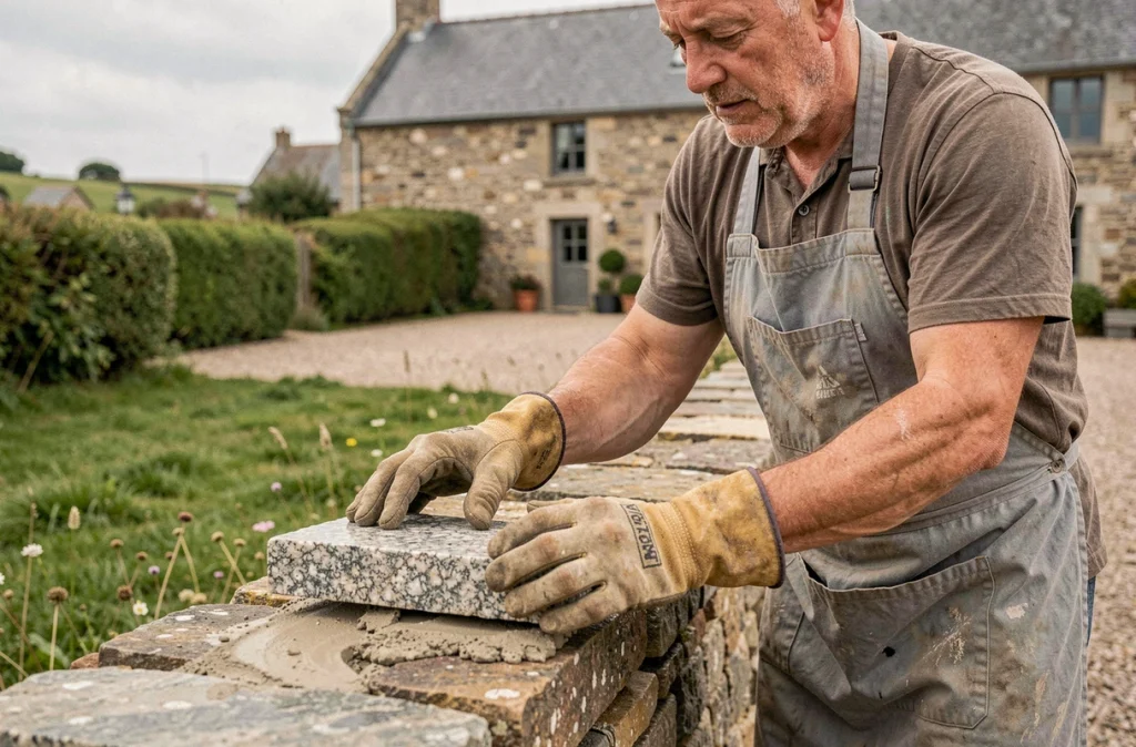 Maçon de Bery Maçonnerie posant des pierres en granite sur un mur de ferme bretonne traditionnel
