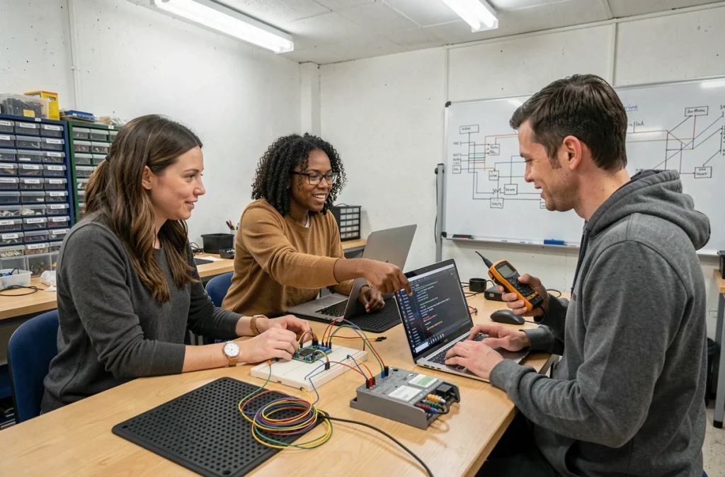 Groupe d'adultes collaborant sur un projet de montage programmable avec microcontrôleur dans un club d'électronique communautaire