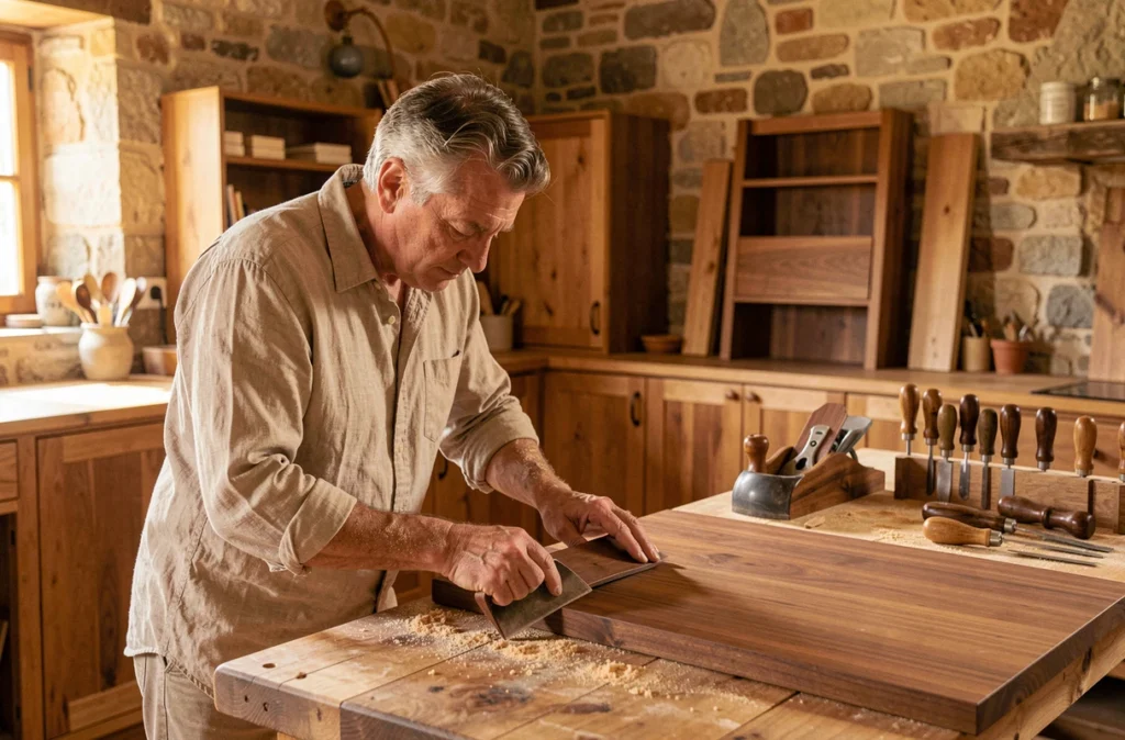 Artisan de Cuisines d'Oc ponçant un panneau en châtaignier pour une cuisine sur mesure dans l'Aude
