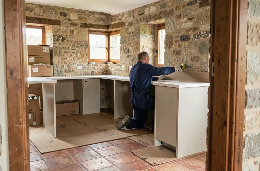 Poseur cuisine de FAR installant un plan de travail dans une maison en pierre près de Salles-sur-l'Hers