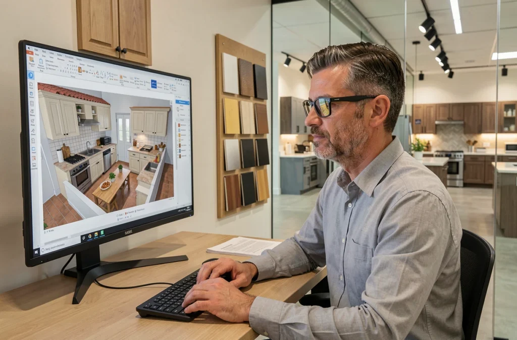 Designer cuisine chez Lapeyre Narbonne consultant un plan 3D sur ordinateur dans le showroom