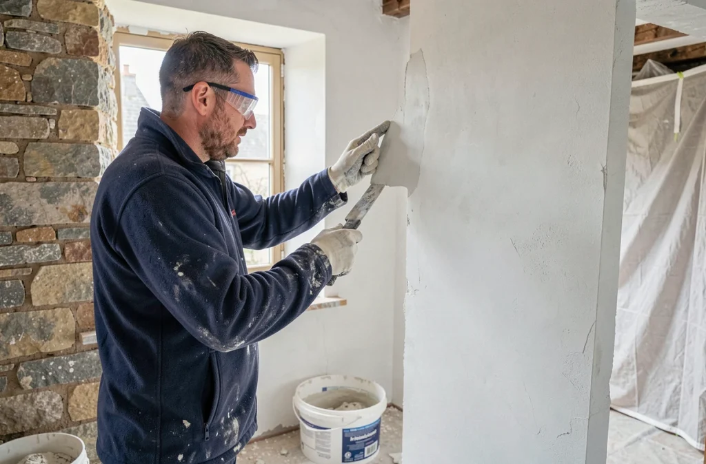Artisan de Le Goff Rénovation appliquant de l'enduit sur un mur en pierre dans une maison bretonne en travaux