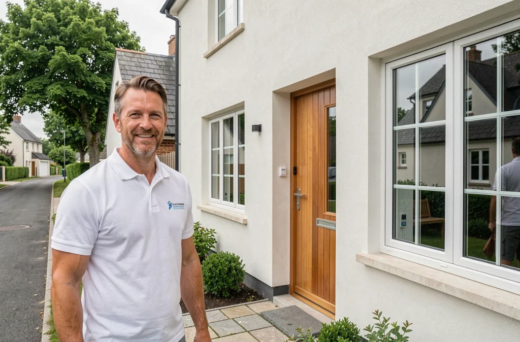 Spécialiste de LKR Habitat devant une maison rénovée avec isolation et menuiseries neuves en Bretagne