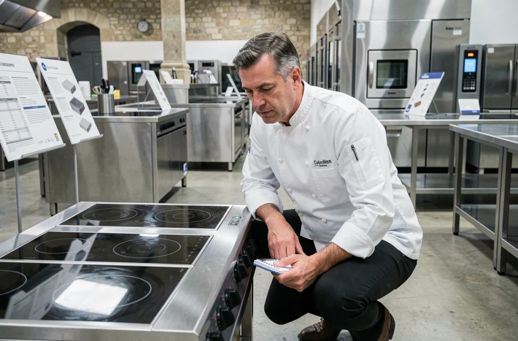 Chef professionnel inspectant un équipement de cuisine pro chez METRO Carcassonne