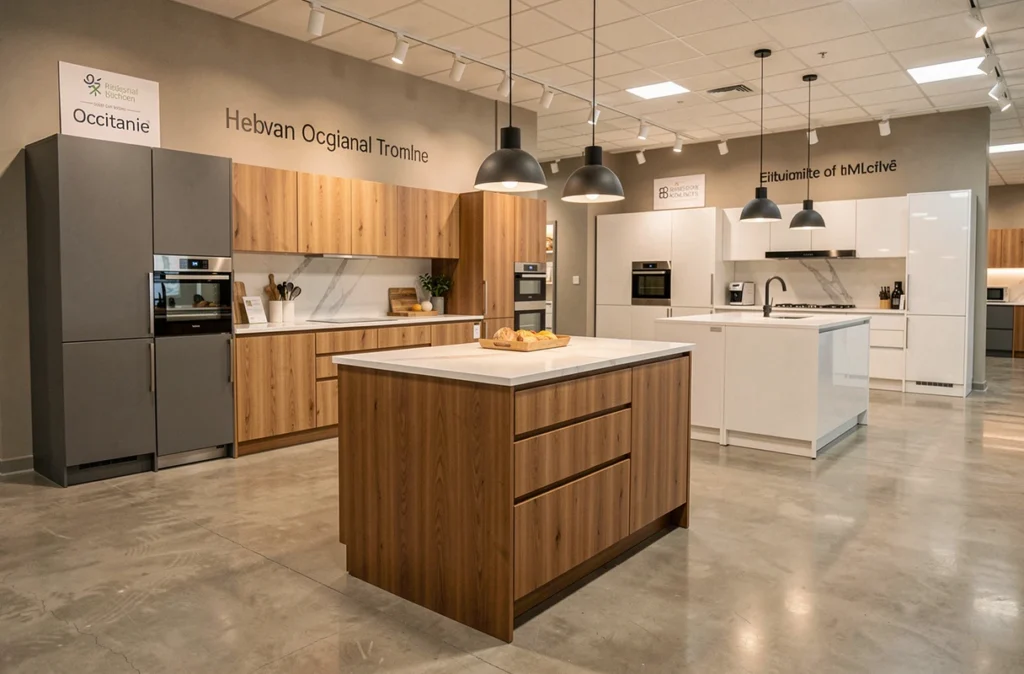 Showroom de MJM cuisiniste en Occitanie avec plusieurs cuisines exposées en styles contemporains