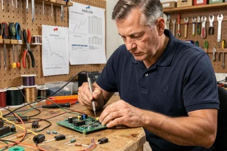 Homme adulte réalisant un montage électronique programmable en soudant des composants sur une carte PCB dans un atelier de club électronique