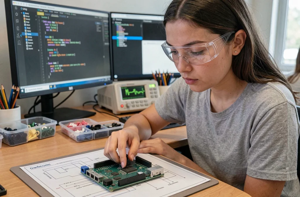 Jeune femme adulte étudiant un schéma de circuit pour réussir son premier montage programmable dans un espace de club électronique