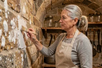 Femme appliquant un remède grand-mère au salpêtre sur un vieux mur en pierre dans une cave voûtée