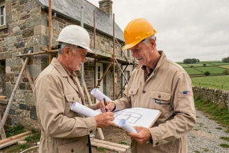 Entrepreneur en rénovation examinant des plans devant une maison en pierre bretonne dans les Côtes-d'Armor