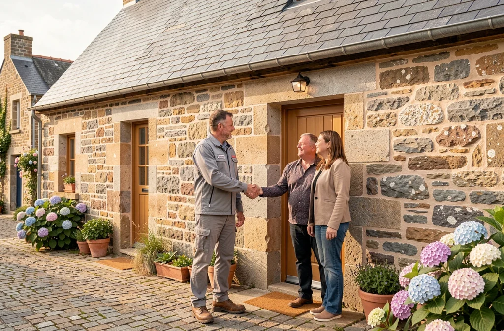 Spécialiste de Ty Bâti serrant la main de clients devant un cottage breton entièrement rénové dans un village des Côtes-d'Armor
