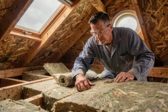 Artisan posant de la laine minérale dans les combles d'une maison pour améliorer l'isolation thermique