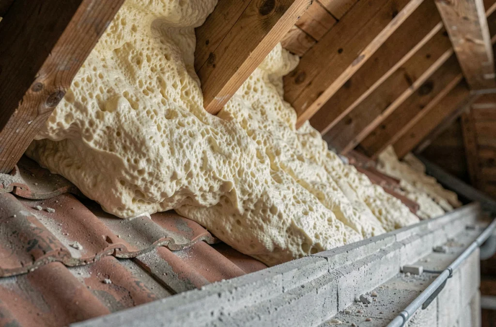 Gros plan sur la mousse polyuréthane projetée sur la toiture en pente pour l'isolation thermique des combles
