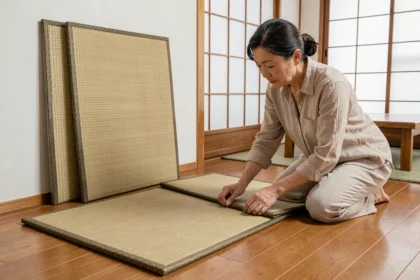 Comparaison de tatamis japonais pliables et rigides posés sur un plancher en bois dans une pièce minimaliste, une femme examine les matériaux de près