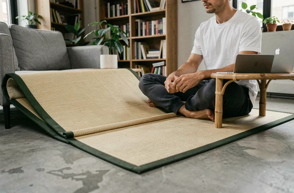 Jeune homme assis sur un tatami pliable déplié dans un appartement moderne, illustrant un usage quotidien du tatami japonais en espace urbain